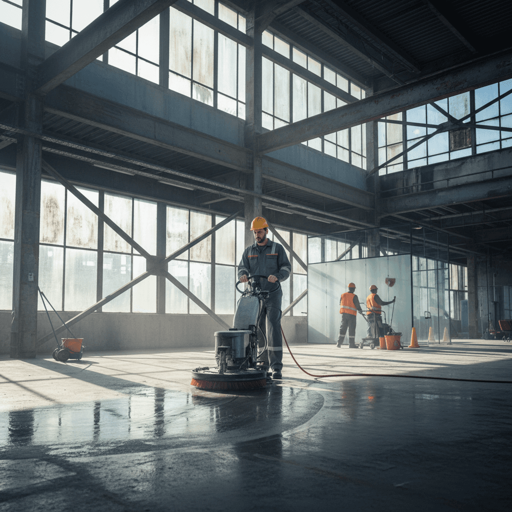 Professionelle Reinigung eines großen Gewerberaums