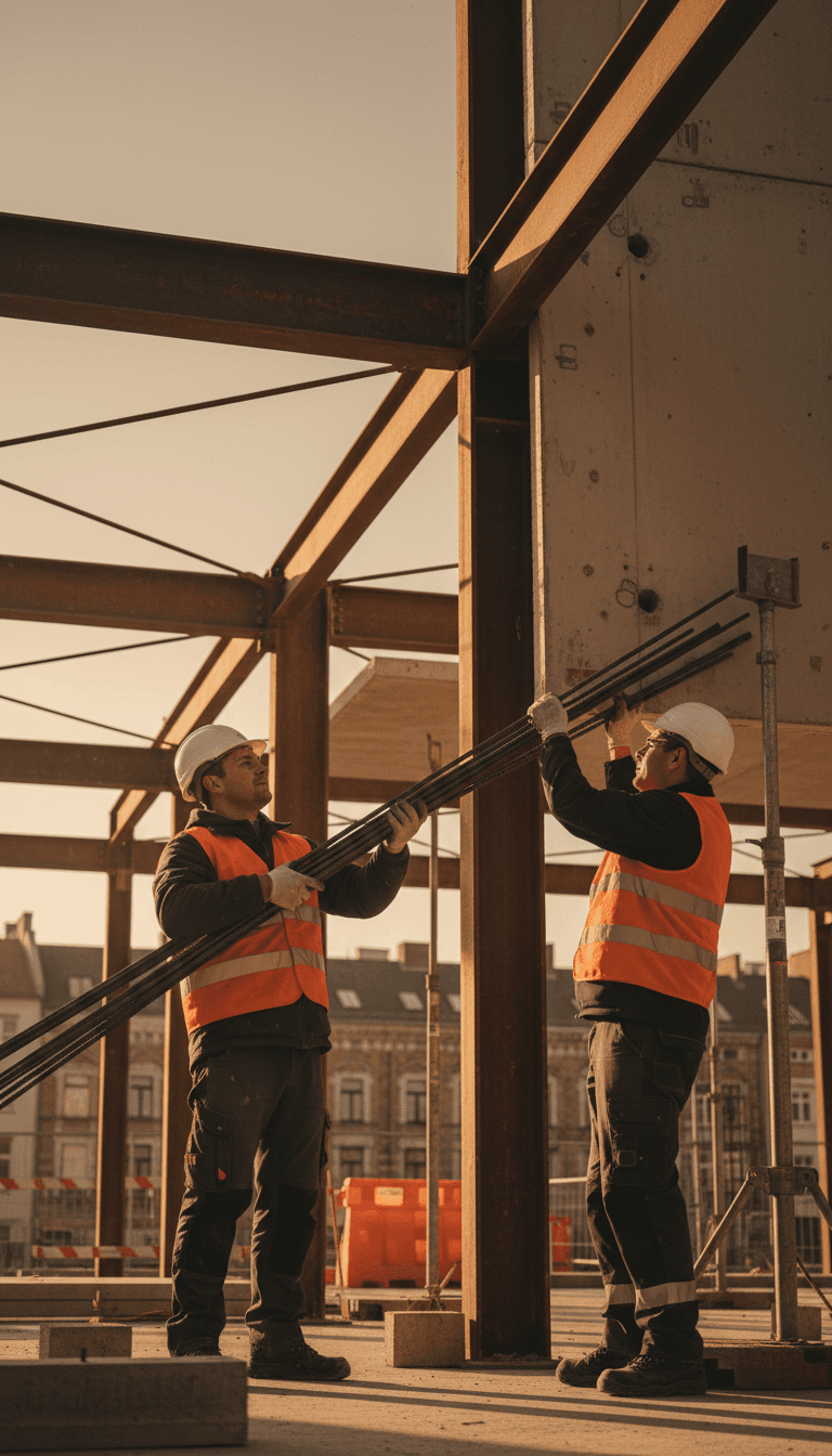 Bauarbeiter bei Hochbauarbeiten auf einer Berliner Baustelle