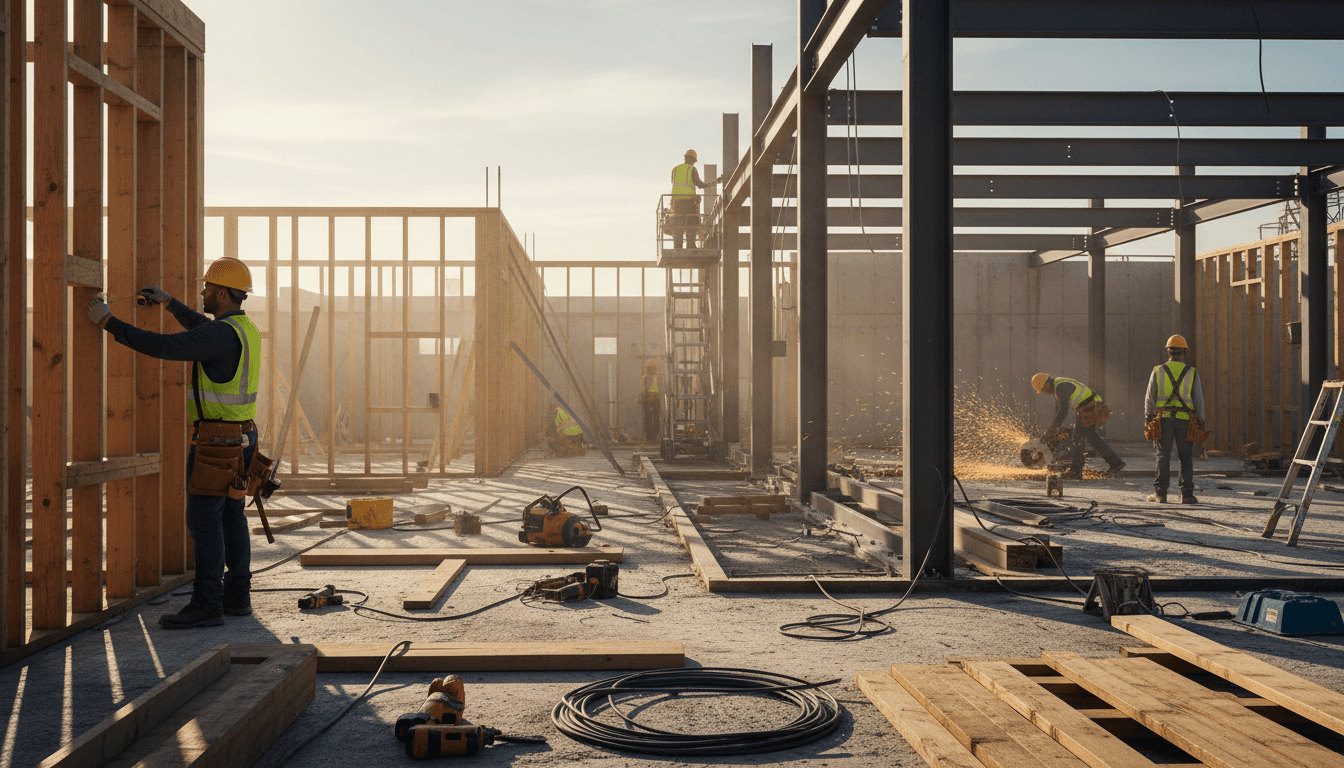 Bauprofis bei Konstruktionsarbeiten auf Berliner Baustelle