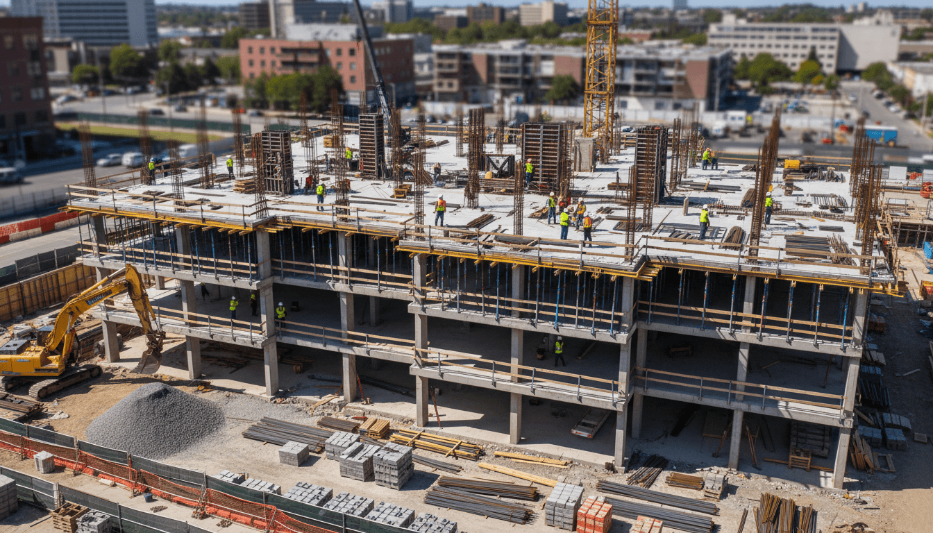 Baufachkraft prüft Stahlkonstruktion auf Baustelle