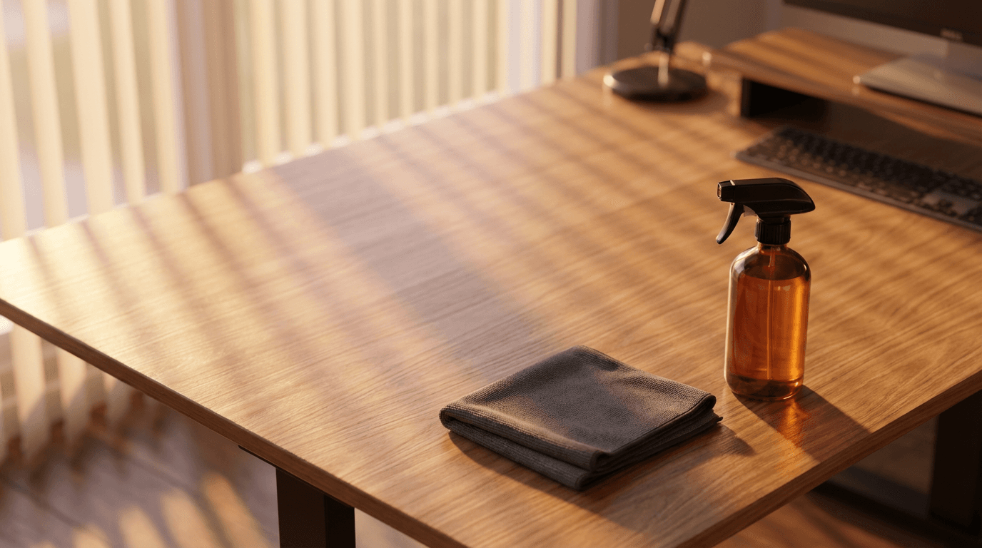 Reinigungsfachkraft inspiziert einen professionell gereinigten Bürobereich