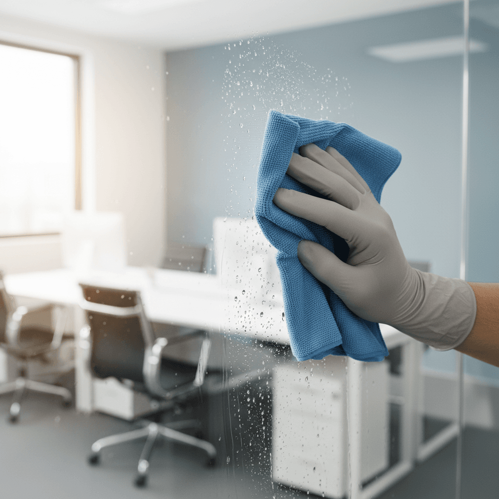 Reinigungsfachkraft poliert Glasoberfläche in modernem Büro