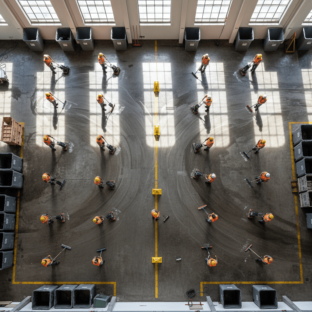 Professionelles Reinigungsteam bei der Arbeit in einem großen Gewerberaum