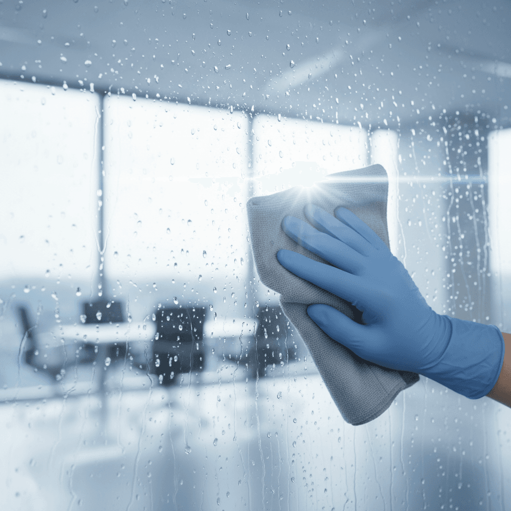 Professionelle Reinigungskraft führt Reinigungsarbeiten in kommerzieller Einrichtung durch